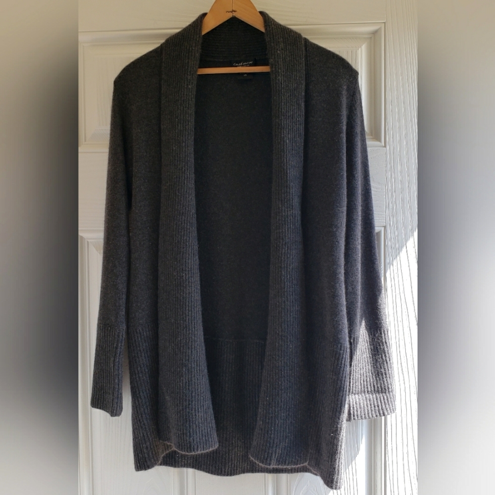 Lord And Taylor Dark Heather Gray 100% Cashmere Open Cardigan Ribbed Trim Sz: XS